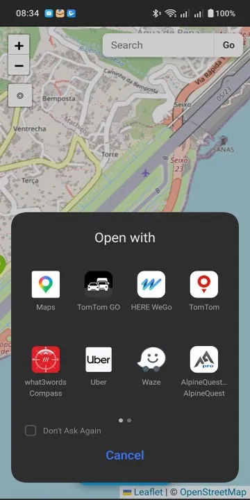 Choosing a navigation app such as Google Maps, Waze or TomTom from PinPilot