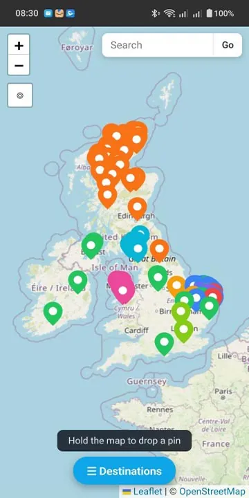 Colour-coded saved places across the UK in PinPilot