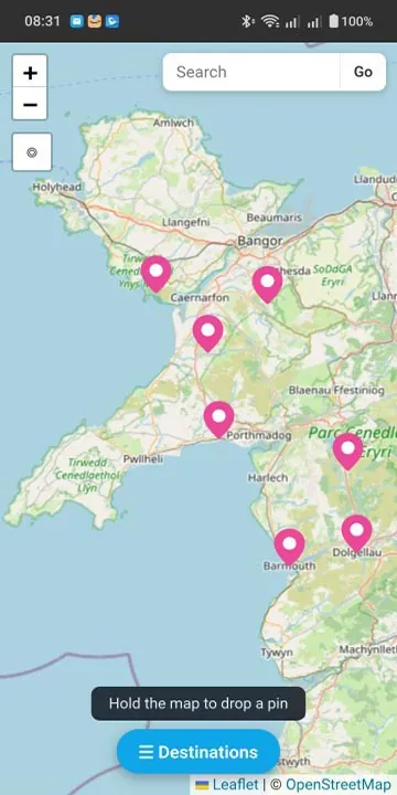Zoomed-in map of saved pins in Wales