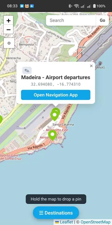Saved pin popup with GPS coordinates and Open Navigation App button