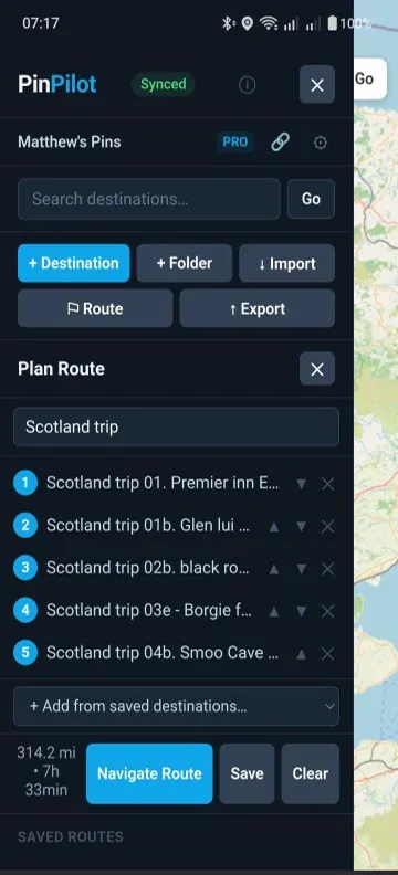 Multi-stop route drawn on the map in PinPilot