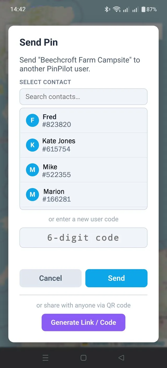 PinPilot Send Pin screen with contacts, user code entry and Generate Link / Code button