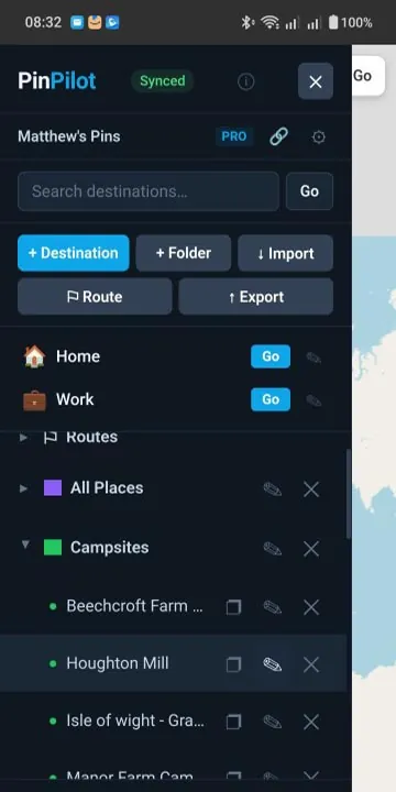 PinPilot sidebar with Home and Work quick destinations and a Campsites folder